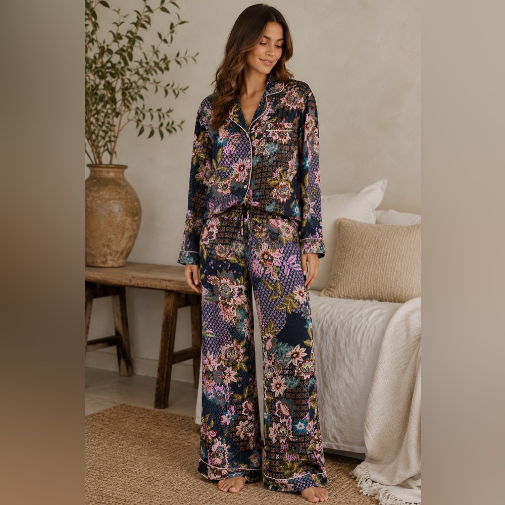 Johnny Was Navy Floral Patchwork Button-Up Pajama Top with Pink Accents